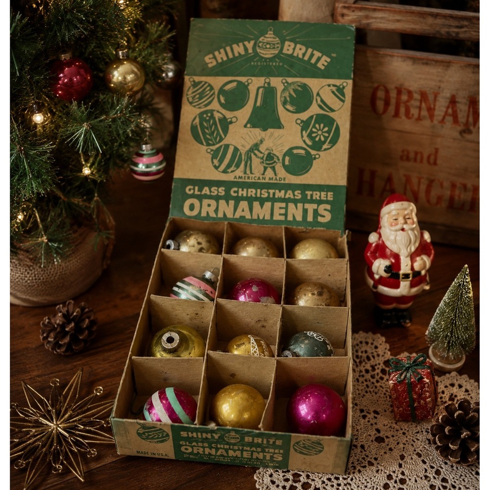 Vintage Shiny Brite Glass Christmas Ornaments 12pc MCM USA Original Box
